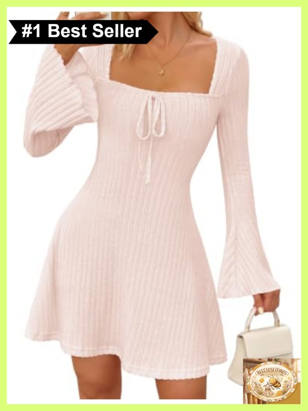 Square Neck Mini Dress Bell Long Sleeve Knit Sweater Dress
